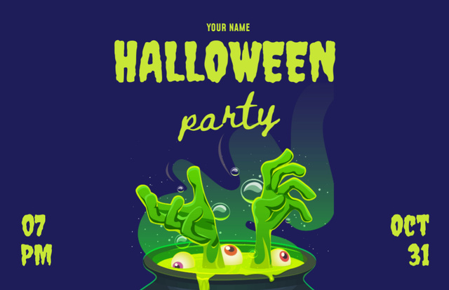 Ontwerpsjabloon van Flyer 5.5x8.5in Horizontal van Spooky Potion Character in Cauldron And Halloween Party