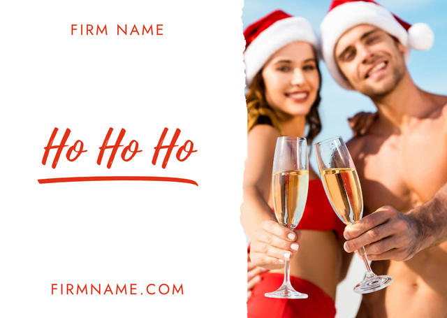 Young Couple in Santa Claus Hats Showing Glasses of Champagne Card Design Template