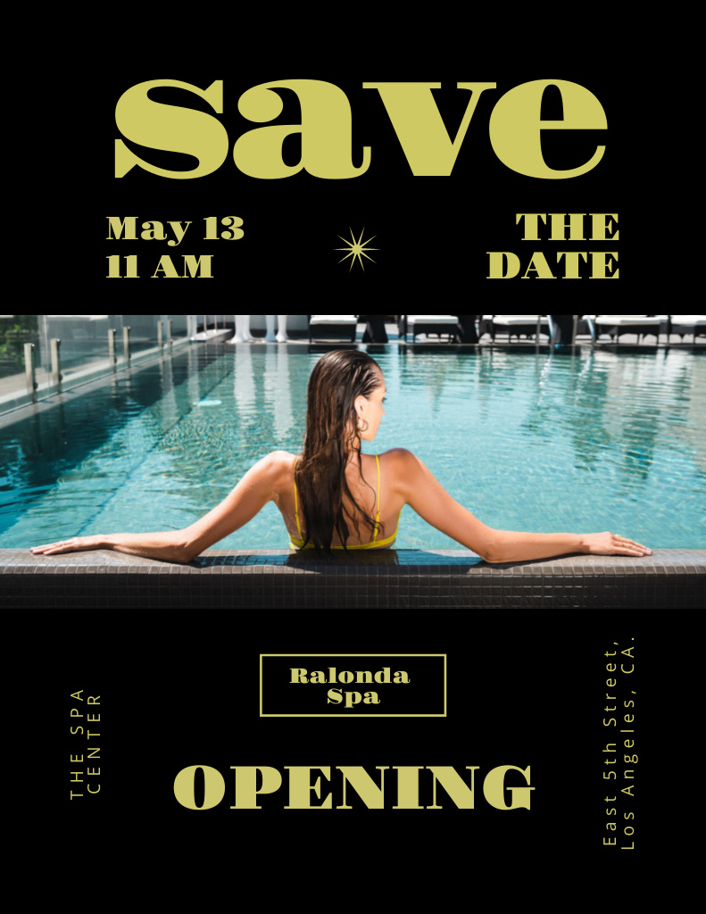 Modèle de visuel Spa Center Opening Announcement with Woman relaxing in Pool - Poster 8.5x11in