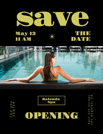 Modèle de visuel Annonce d'ouverture du centre de spa avec une femme se relaxant dans la piscine - Poster 8.5x11in