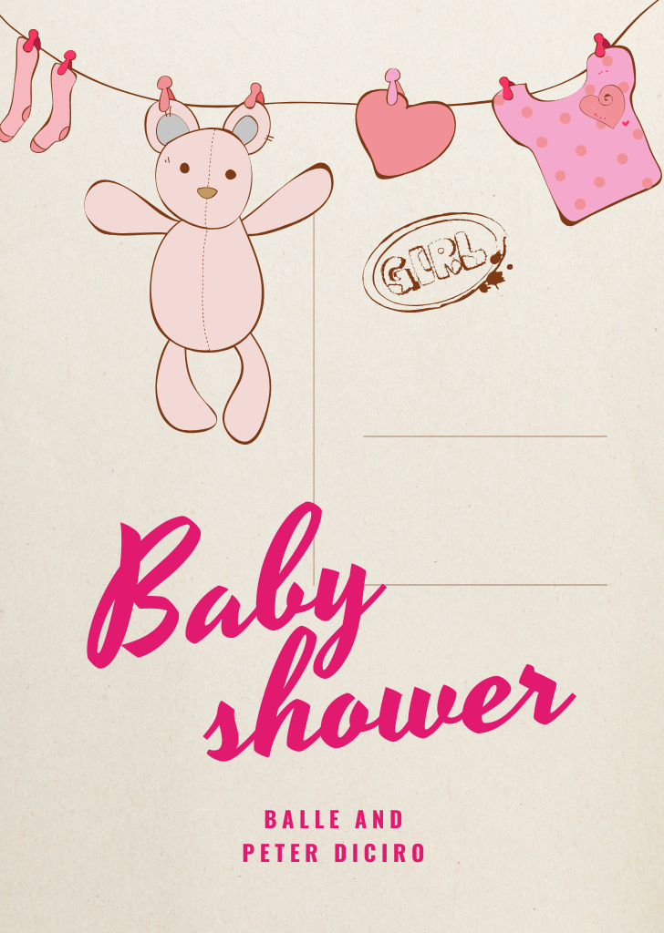 Designvorlage Baby Shower Announcement With Hanging Toys für Postcard A6 Vertical