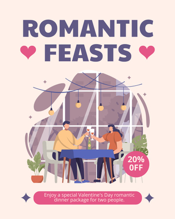 恋人のための割引付きバレンタインデーのロマンチックな饗宴 Instagram Post Verticalデザインテンプレート