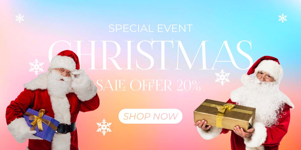 Christmas Discount with Two Santas with Presents Twitter Design Template