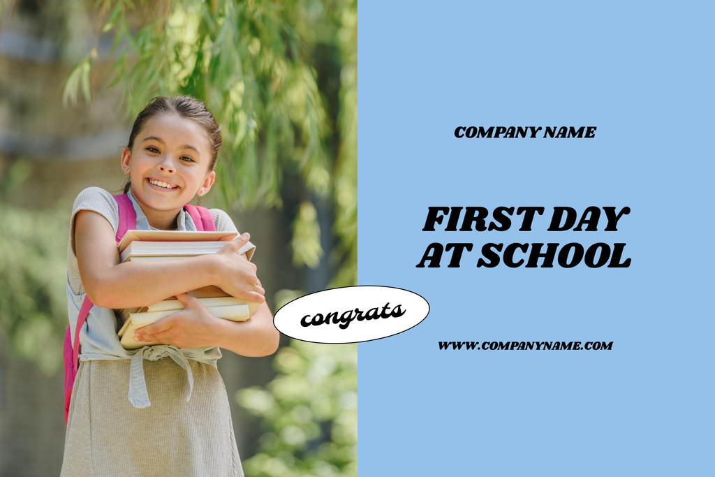First Day At School Salutation with Pupil Girl with Backpack Poster 24x36in Horizontal Design Template