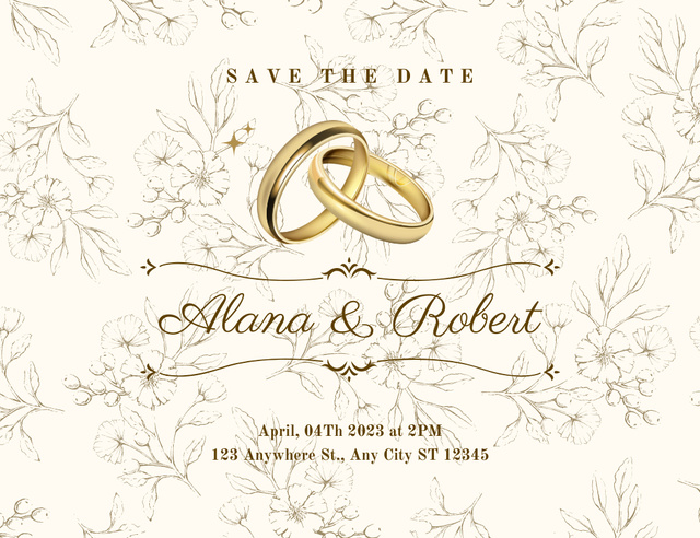 Wedding Invitation with Traditional Golden Rings Thank You Card 5.5x4in Horizontal Šablona návrhu