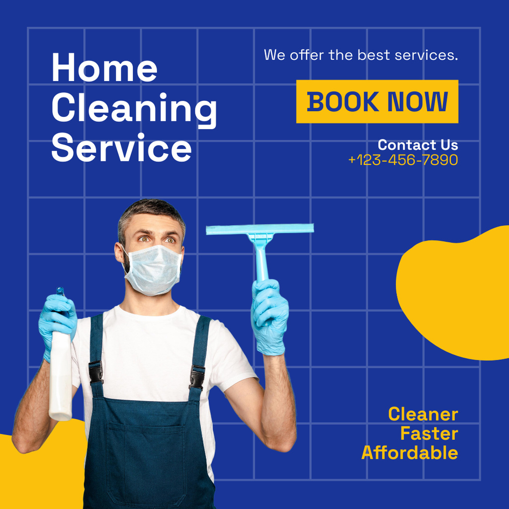 Home Cleaning Service Offer with Cleaner in Uniform Instagram ADデザインテンプレート
