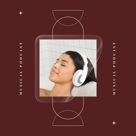 Red composition with photo of woman in headphones Podcast Cover Modelo de Design