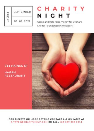 Charity event Hands holding Heart in Red Invitation Design Template