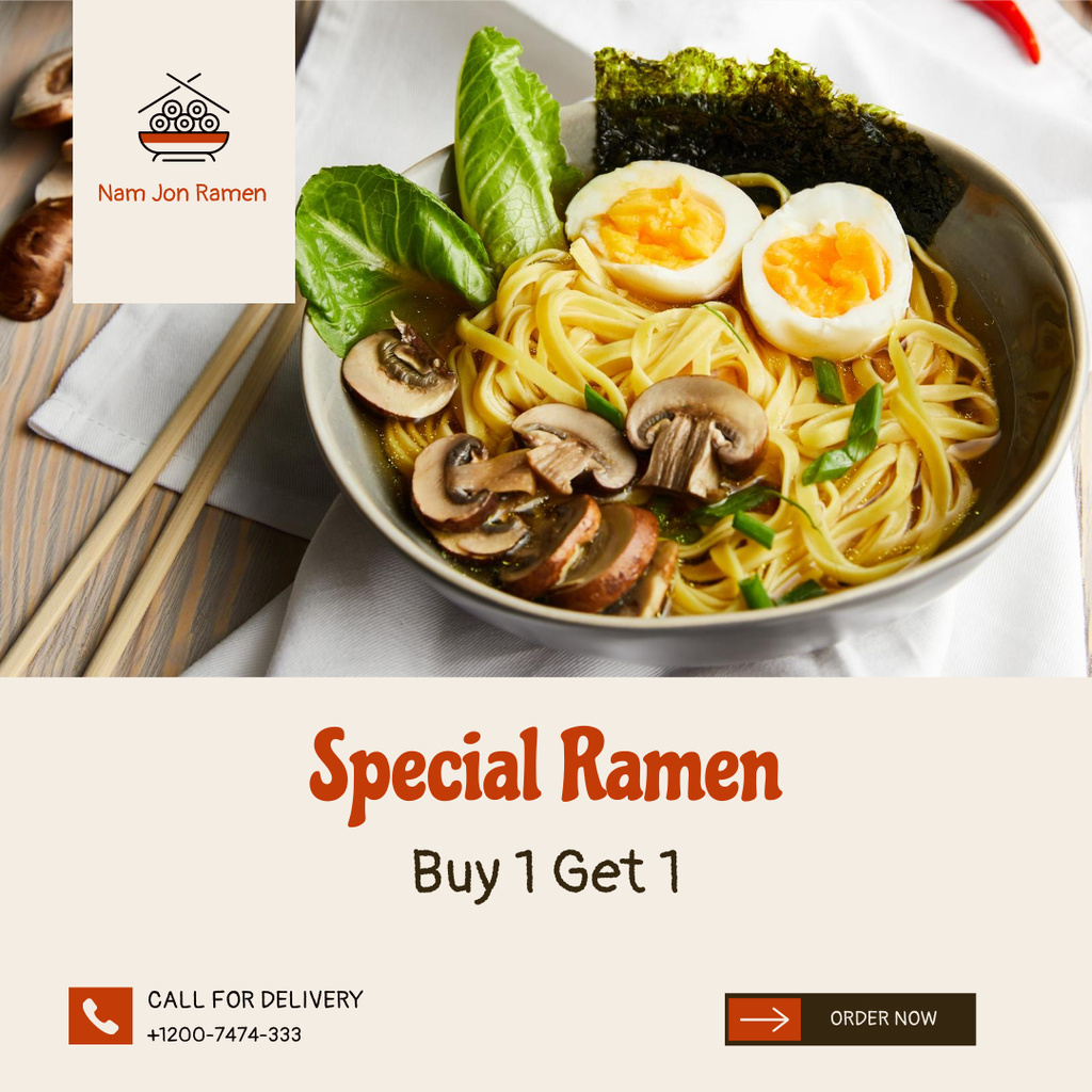 Special Ramen Offer with Eggs and Mushrooms Instagram Tasarım Şablonu