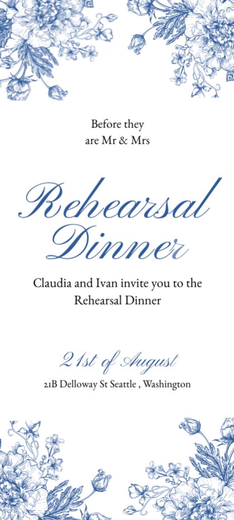 Rehearsal Dinner Announcement with Blue Sketch Flowers Invitation 9.5x21cm Design Template