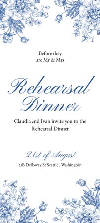 Plantilla de diseño de anuncio de la cena de ensayo con flores azules Invitation 9.5x21cm 