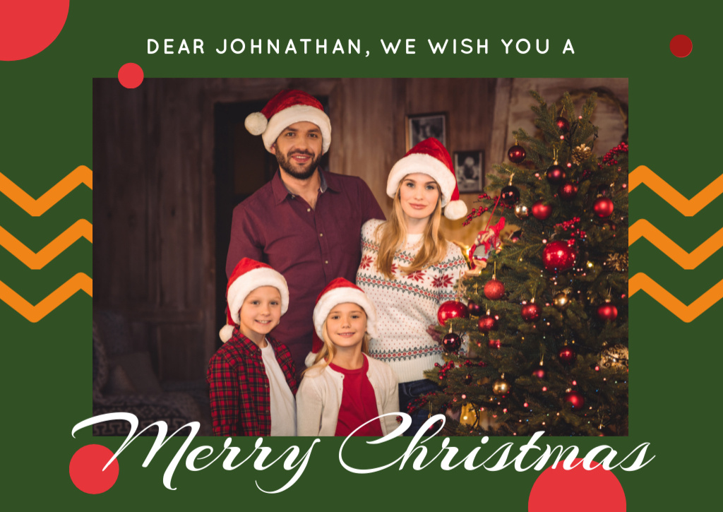 Merry Christmas Greeting with Family by Fir Tree Postcard Modelo de Design