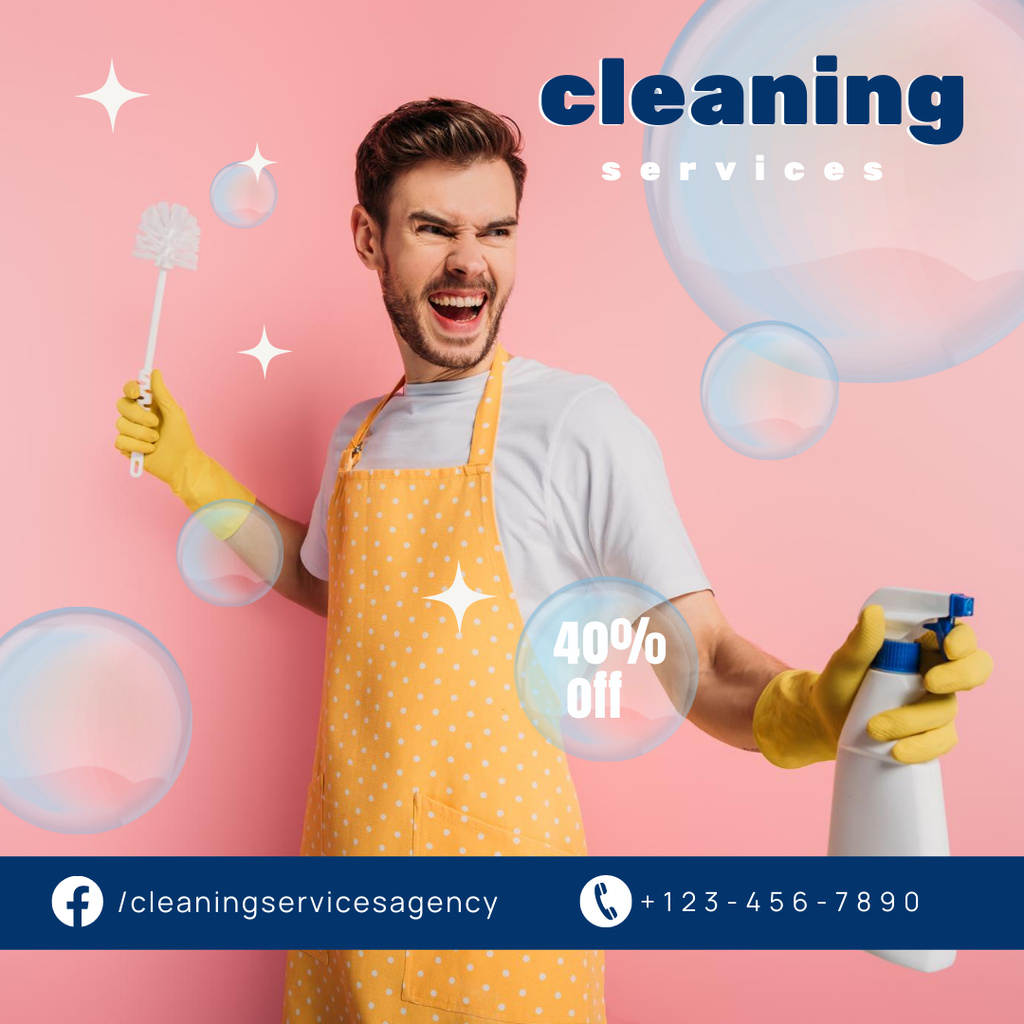 Cleaning Service Offer with Funny Man with Sprinkler Instagram ADデザインテンプレート