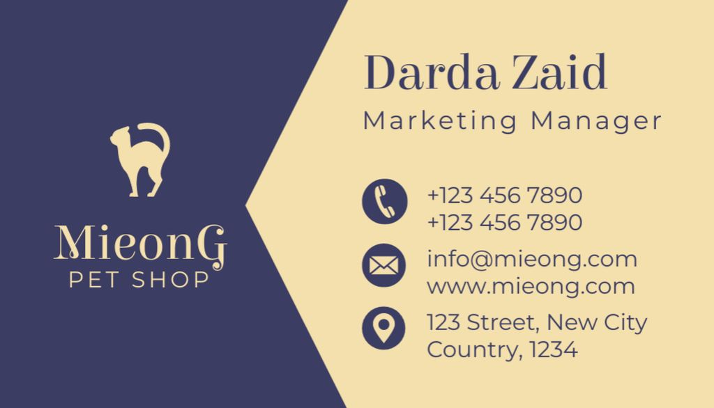 Professional Marketing Manager Contacts Information From Pet Shop Business Card US Tasarım Şablonu