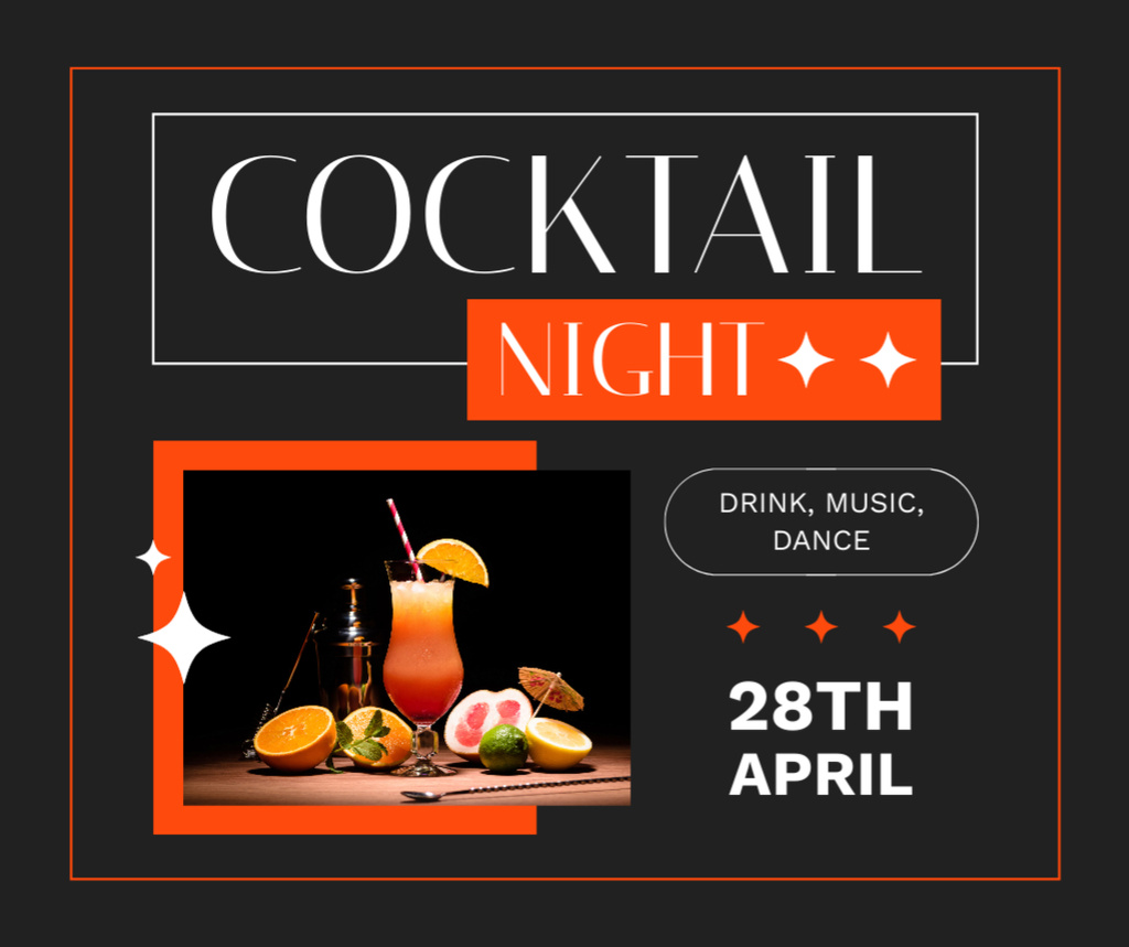 Announcement of Cocktail Night with Music and Dance Facebook Design Template