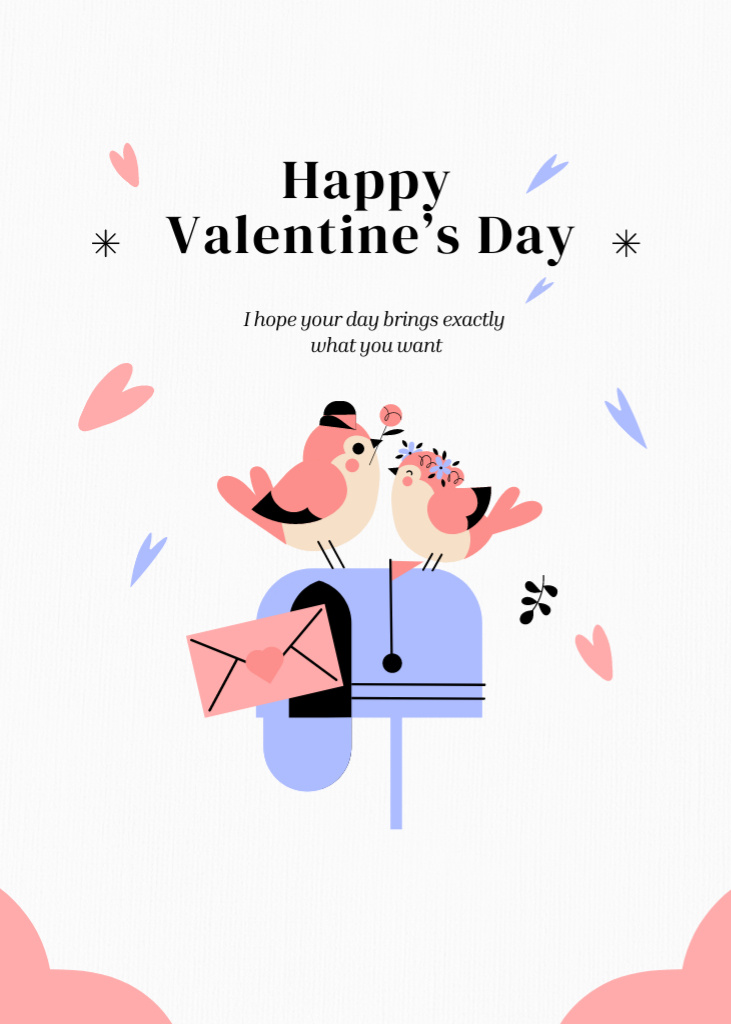 Designvorlage Valentine's Day Greetings With Cute Birds für Postcard 5x7in Vertical