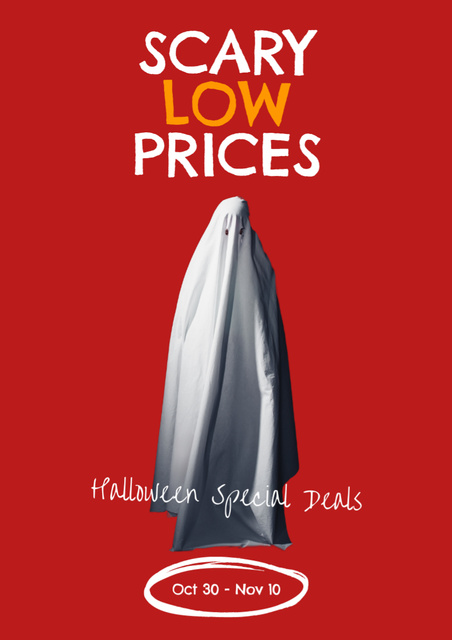 Halloween Sale Announcement with Funny Ghost on Red Poster A3 Design Template