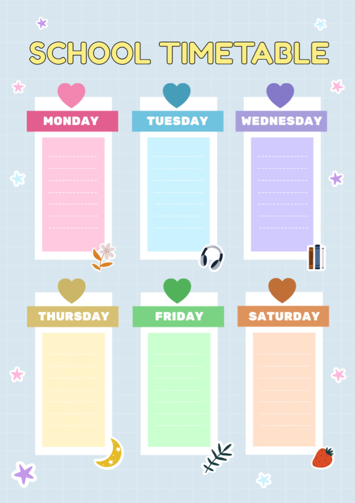 Designvorlage School Timetable with Cute Colored Hearts für Schedule Planner