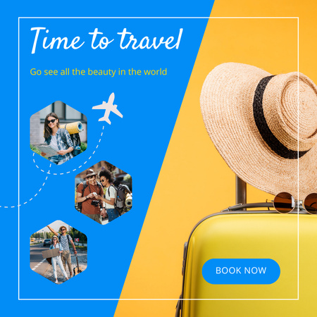 Travel Agency Promotion with Suitcase and Hat Instagram Design Template