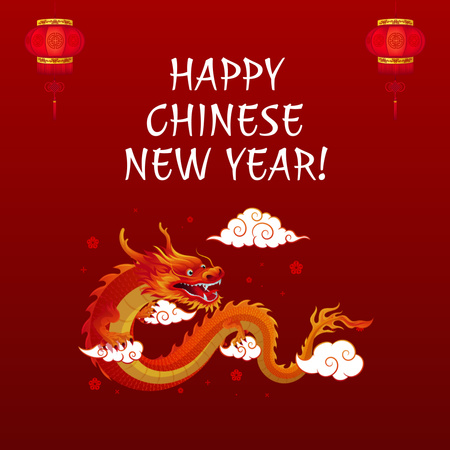 Designvorlage Glückwünsche zum Chinesischen Neujahr mit rotem Drachen und Laternen für Animated Post