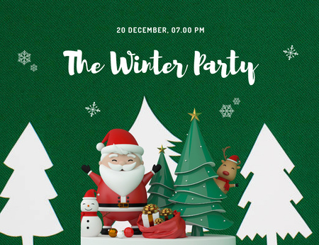 Plantilla de diseño de Anuncio de fiesta de invierno con Papá Noel y muñeco de nieve Invitation 13.9x10.7cm Horizontal 