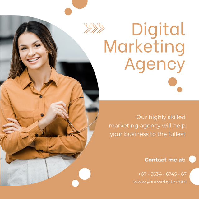 Young Beautiful Woman Offers Marketing Agency Services LinkedIn postデザインテンプレート