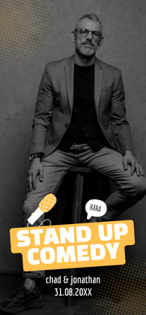 Ontwerpsjabloon van Snapchat Geofilter van Stand-up showpromo met artiest zittend op een stoel