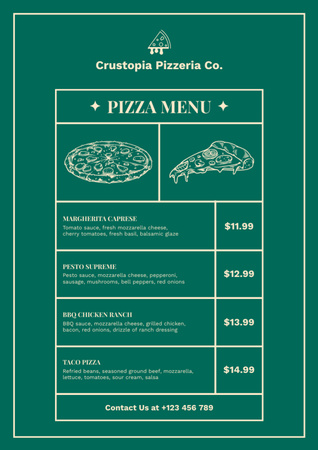 Prices for All Types of Crispy Pizza on Green Menu Design Template
