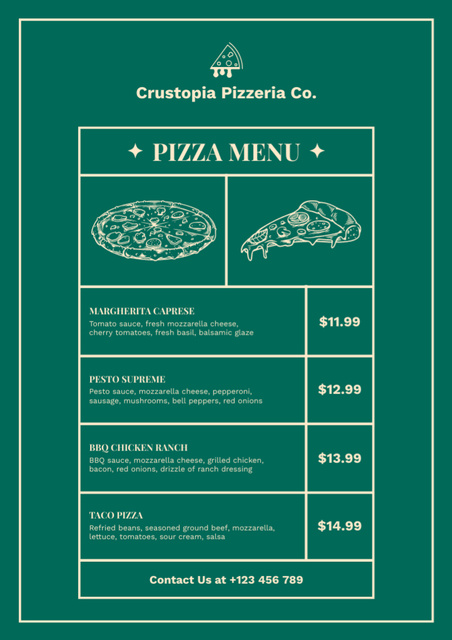 Designvorlage Prices for All Types of Crispy Pizza on Green für Menu