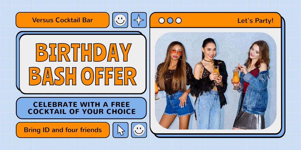 Designvorlage Birthday Offer with Young Women with Cocktails für Twitter