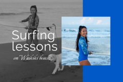 Surfing Lessons Ad with Smiling Woman on Beach