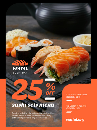 Japanese Restaurant Offer with Fresh Sushi Poster US tervezősablon