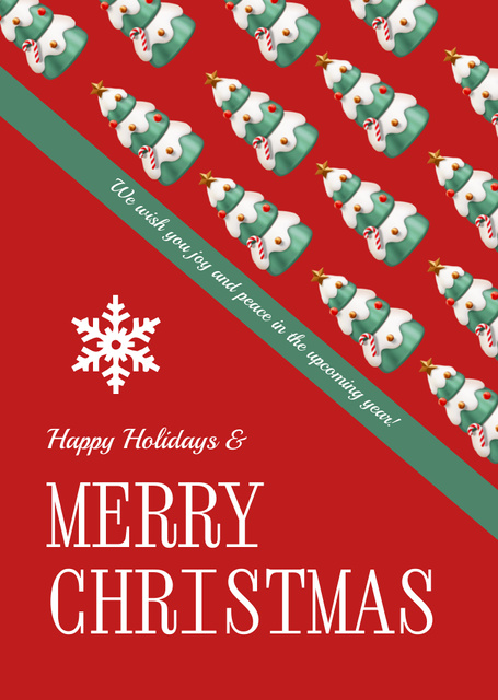 Platilla de diseño Christmas Greeting with Green Trees on Red Postcard A6 Vertical