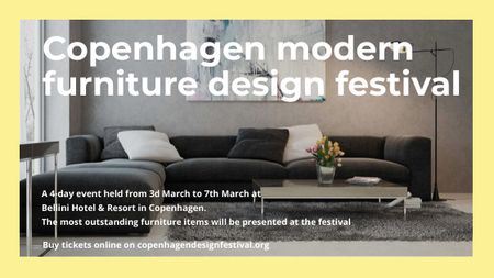 Interior Decoration Event Announcement with Sofa in Grey Title Modelo de Design
