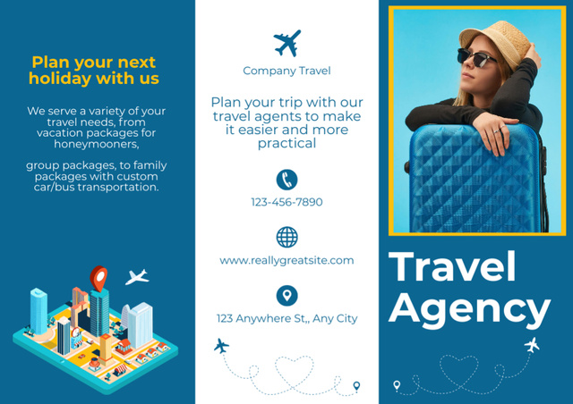 Travel Agency Service Proposal with Young Attractive Woman Brochure Πρότυπο σχεδίασης