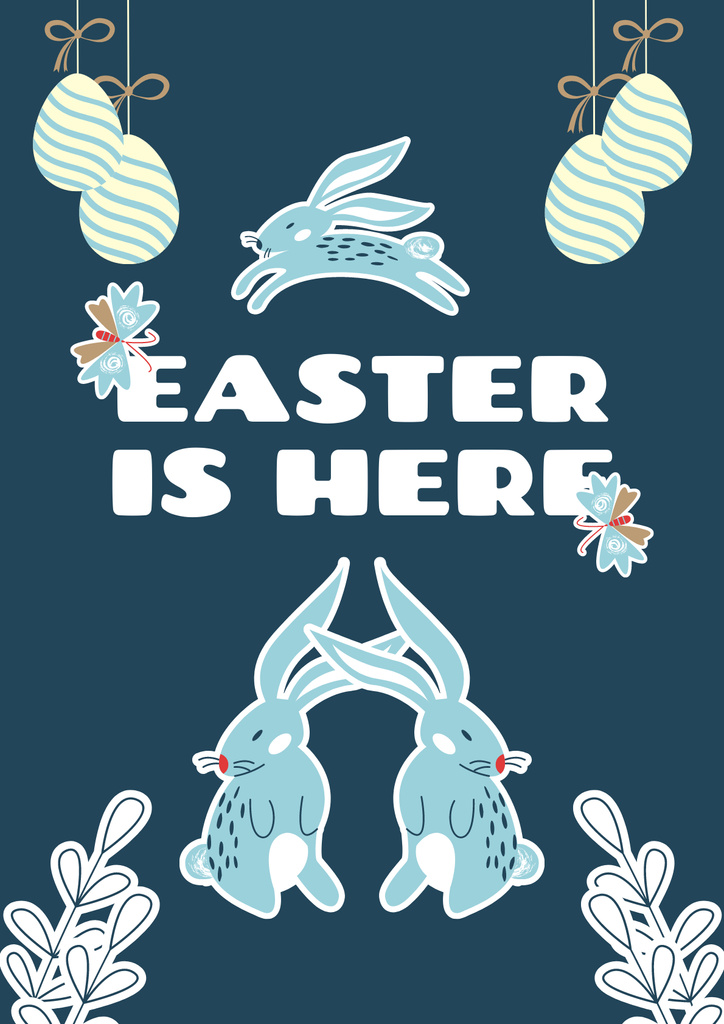 Modèle de visuel Easter Greeting with Easter Bunnies and Eggs on Blue - Poster