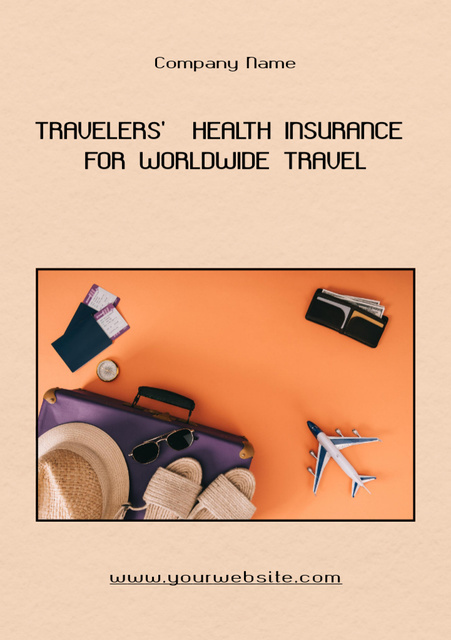 Worldwide Health Travel Insurance Offer on Beige Flyer A5デザインテンプレート