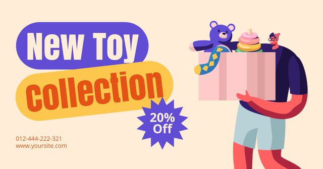 Designvorlage Discount on New Collection with Toys in Box für Facebook AD