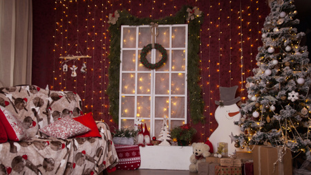 Olohuone koristeltu söpöllä joulukoristeella Zoom Background Design Template