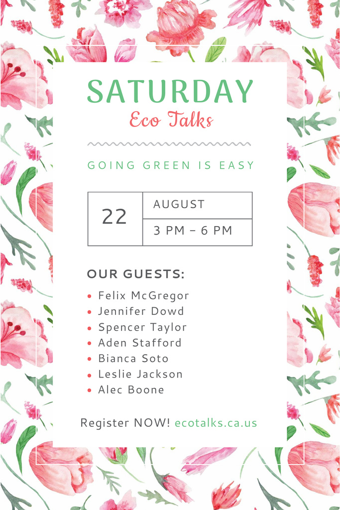 Ecological Event Announcement with Watercolor Flowers Pattern Pinterest Design Template