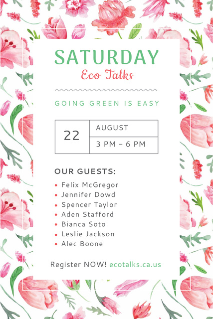 Ecological Event Announcement with Watercolor Flowers Pattern Pinterest Design Template