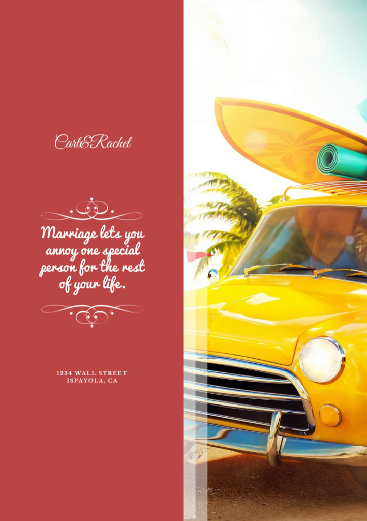 Funny Quote about Marriage with Retro Car Postcard A5 Vertical Design Template