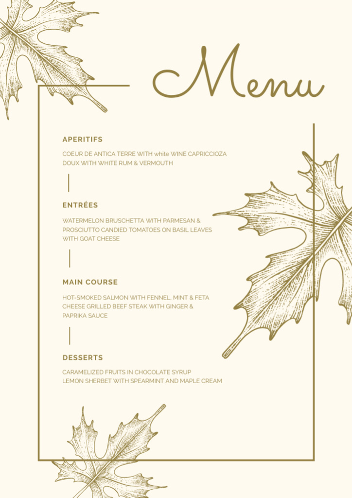 Simple Wedding Food List with Maple Leaves Menu Modelo de Design