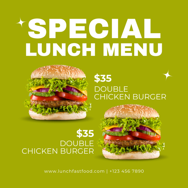 Special Lunch Menu with Burgers on Green Instagram Modelo de Design