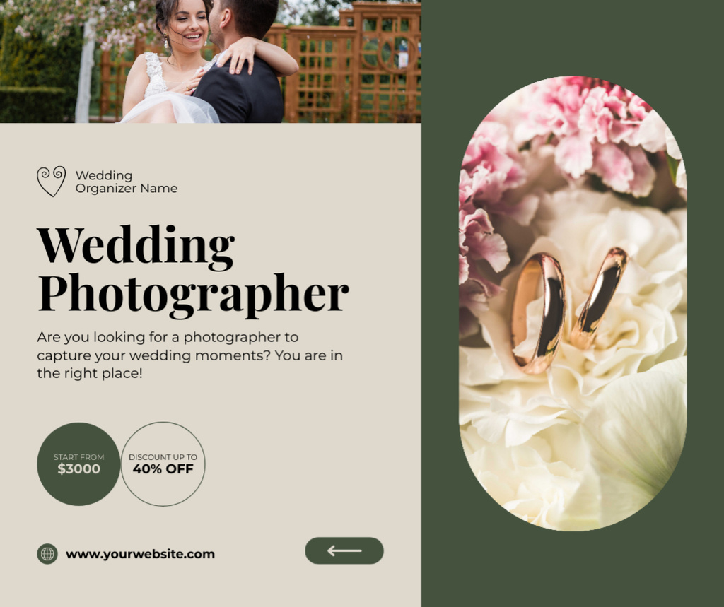 Plantilla de diseño de Discount on Wedding Photographer Services Facebook 