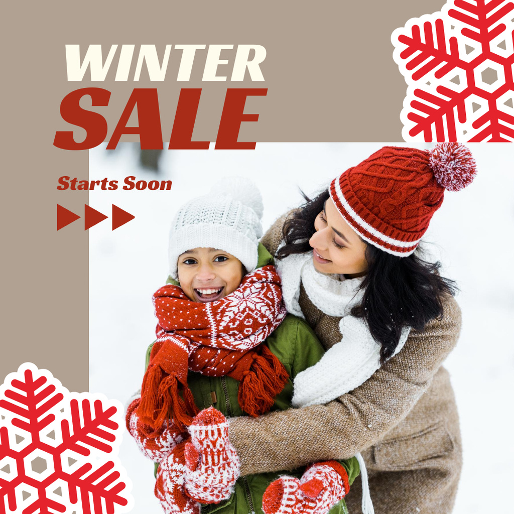 Winter Sale Announcement with Cute Mom and Kid Instagram Modelo de Design