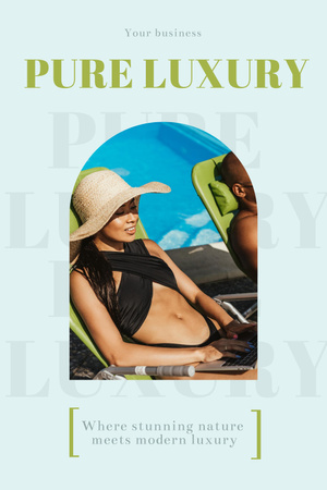 Plantilla de diseño de Beautiful Woman in Bikini Swimsuit Sunbathing Near Swimming Pool Pinterest 