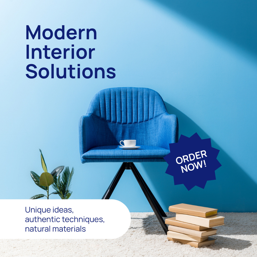 Modern Interior Solutions Ad with Stylish Blue Armchair Instagram ADデザインテンプレート