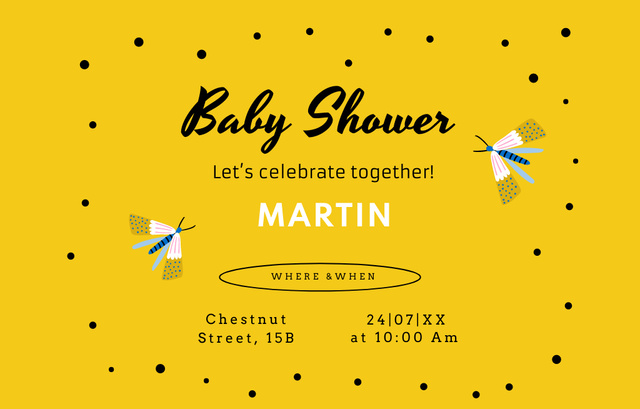 Designvorlage Happy Baby Shower Celebration Announcement In Yellow für Invitation 4.6x7.2in Horizontal