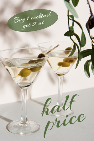 Half Price Offer with Cocktails in Glasses Pinterest Design Template